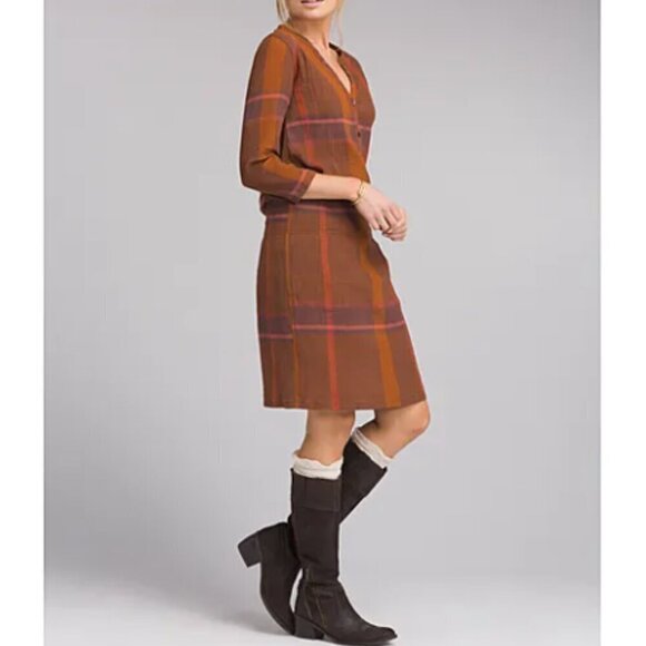 Prana Sugar Pine Dress in Wedged Wood Plaid Smocked Crinkle Gauze Size Small - Picture 1 of 10